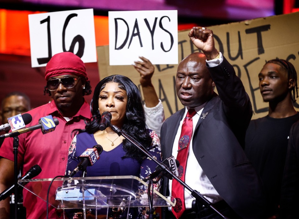 <strong>Jarveon Hudspeth&rsquo;s mother Charlotte Haggett (middle) along with attorney Ben Crump (right) and family members speak during a press conference on Monday, July 10, 2023.</strong> (Mark Weber/The Daily Memphian file)