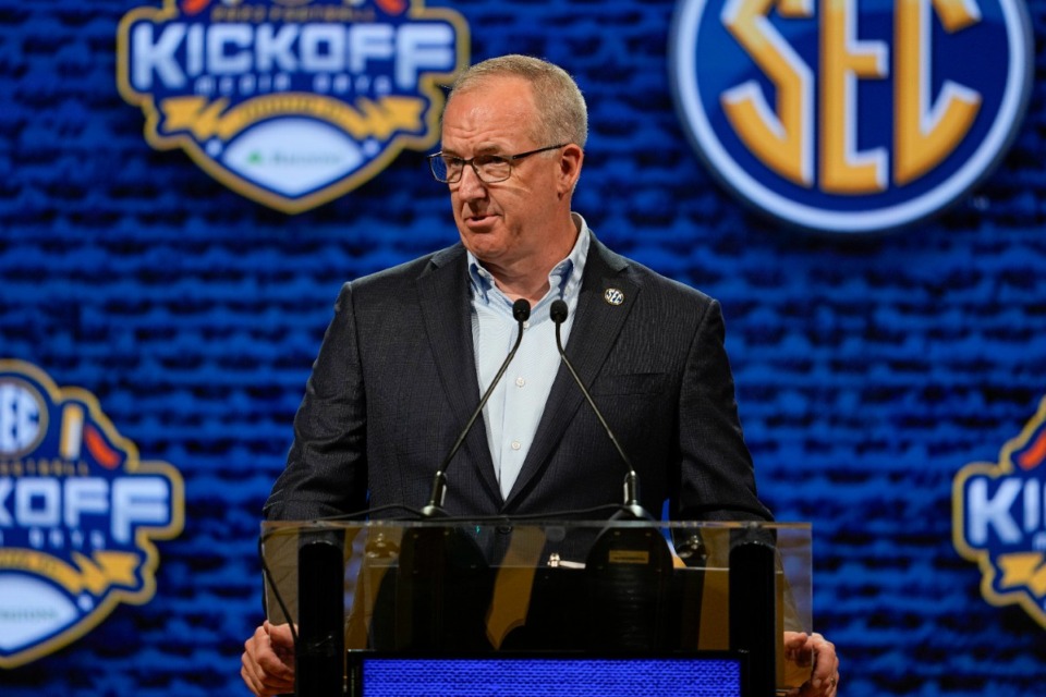 <strong>SEC Commissioner Greg Sankey speaks during the NCAA college football Southeastern Conference Media Days, Monday, July 17, 2023, in Nashville.</strong> (George Walker IV/AP Photo)