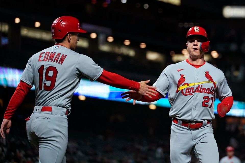 <strong>St. Louis Cardinals' Tyler O'Neill, right, celebrates with Tommy Edman after scoring against the San Francisco Giants on Paul Goldschmidt's two-run single during the eighth inning of a baseball game in San Francisco, Tuesday, April 25, 2023.</strong> (AP Photo/Godofredo A. V&aacute;squez)