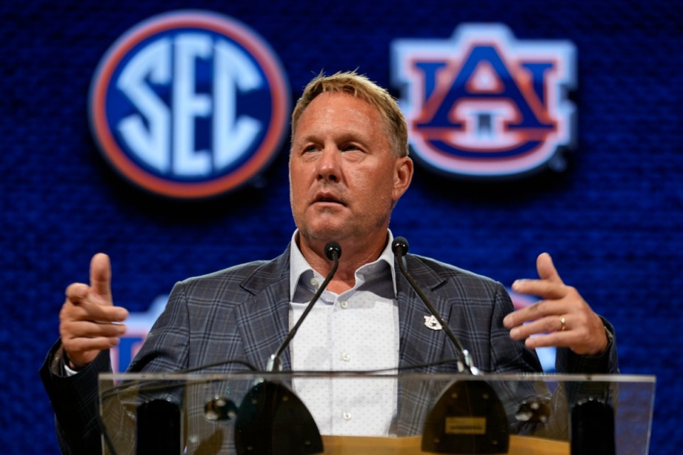 <strong>Auburn head coach Hugh Freeze speaks during NCAA college football Southeastern Conference Media Days, Tuesday, July 18, 2023, in Nashville.</strong> (George Walker IV/AP)