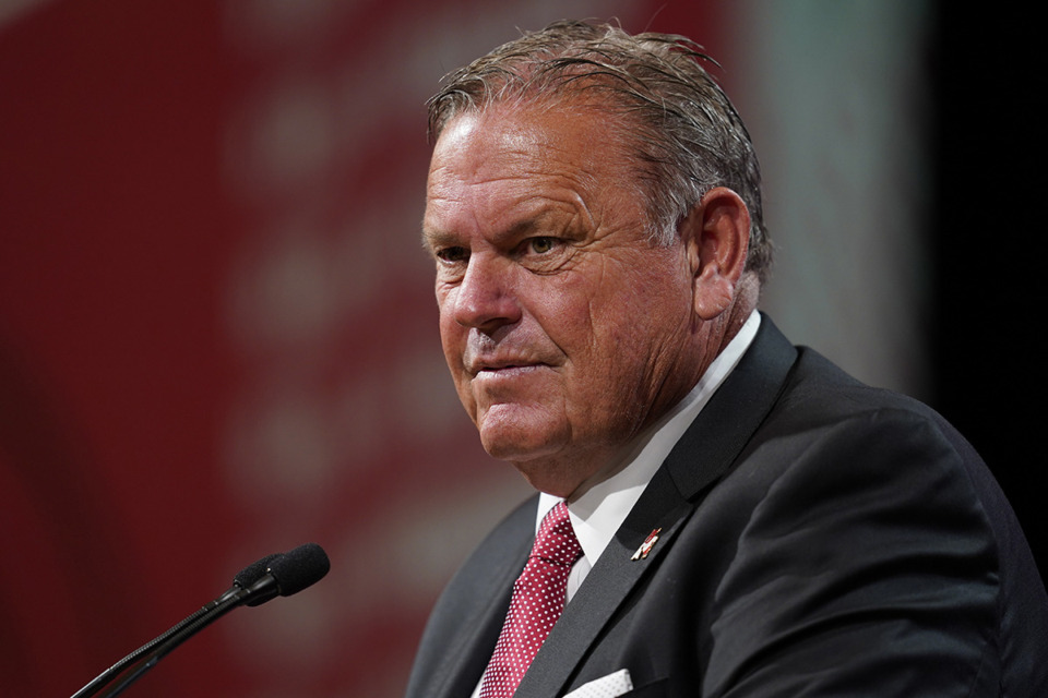<strong>Arkansas head coach Sam Pittman speaks during NCAA college football Southeastern Conference Media Days, Wednesday, July 19, 2023, in Nashville.</strong> (George Walker IV/AP)