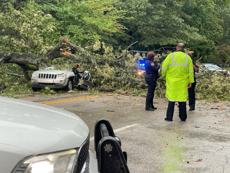 <strong>A tree fell on a vehicle at Park Avenue and Perkins Road Friday afternooon, July 21. Police would not comment on any injuries. (Alys Drake/The Daily Memphian)</strong>