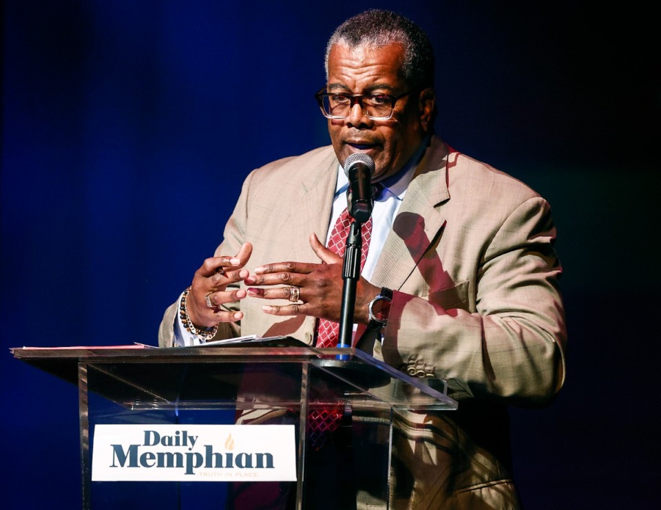 <strong>Mayoral candidate J.W. Gibson speaks during a Daily Memphian-sponsored debate on Monday, April 24, 2023 at the Halloran Centre for the Performing Arts and Education.</strong> (Mark Weber/The Daily Memphian)