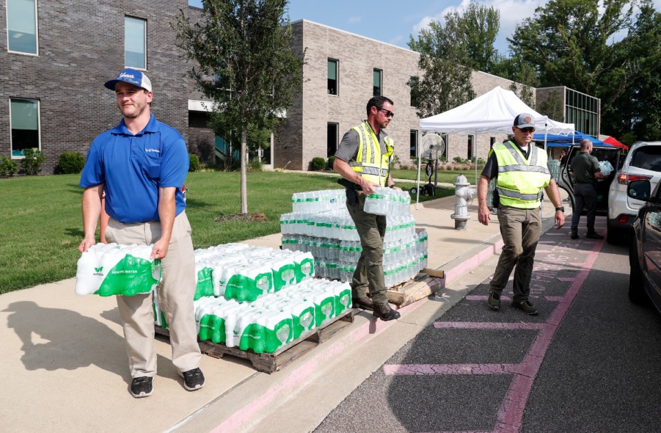 <strong>City of Germantown handed out water to residents on Monday, July 24, 2023 at Forest Hill Elementary School.</strong> (Mark Weber/The Daily Memphian)