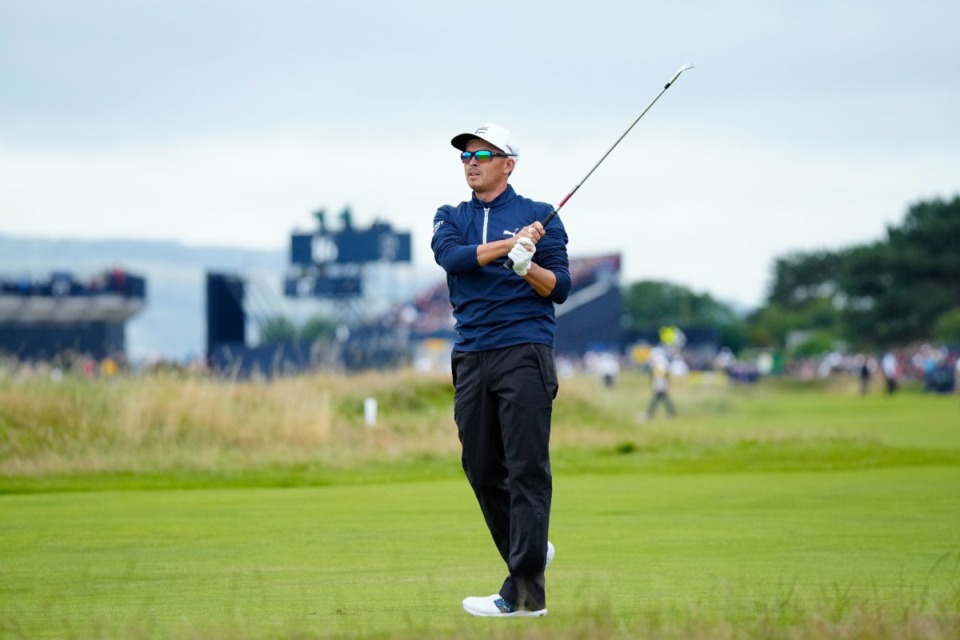 <strong>United States' Rickie Fowler plays from the 18th fairway during the third day of the British Open Golf Championships at the Royal Liverpool Golf Club in Hoylake, England, Saturday, July 22, 2023.</strong> (Jon Super/AP Photo)