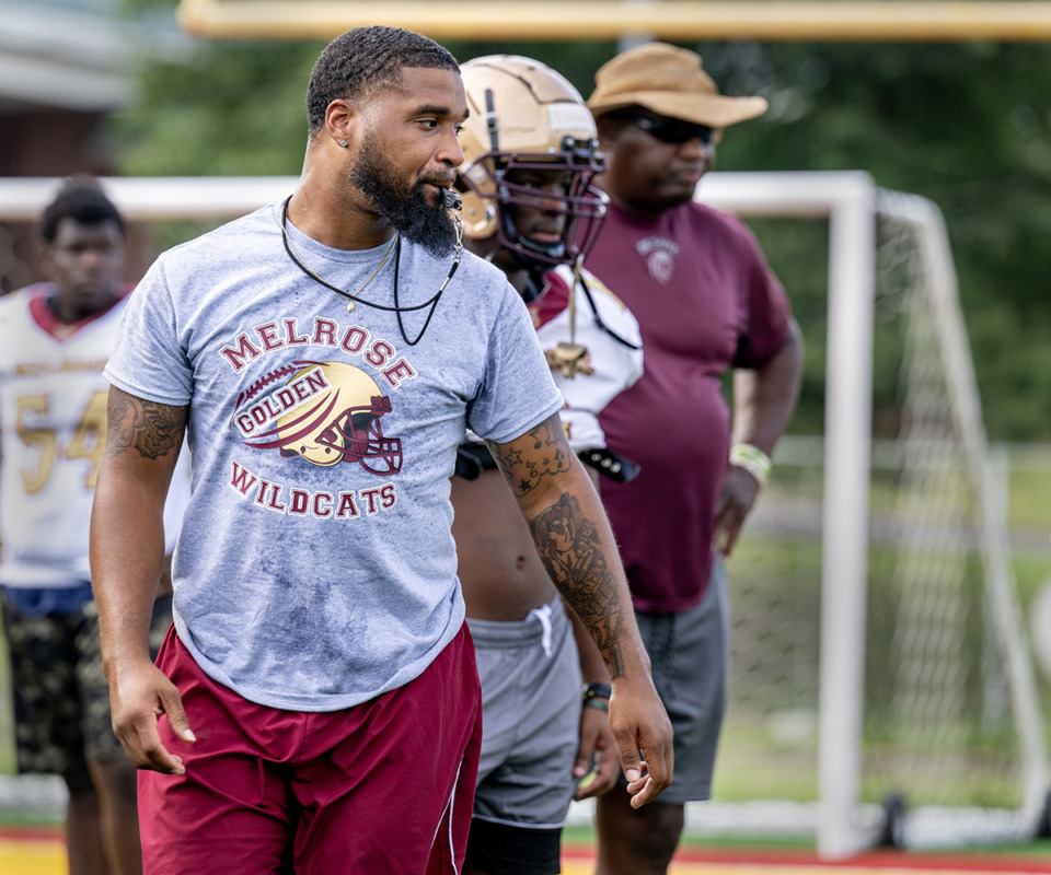 <strong>Melrose head football coach Derrick Bobo leads team drills at Melrose stadium July 20.&nbsp;&ldquo;Whether it&rsquo;s the environment or the talent level, it&rsquo;s my job to put us in some tough situations early in the season so that we can learn to adapt,&rdquo; he said.</strong>&nbsp;(Greg Campbell/Special to The Daily Memphian)