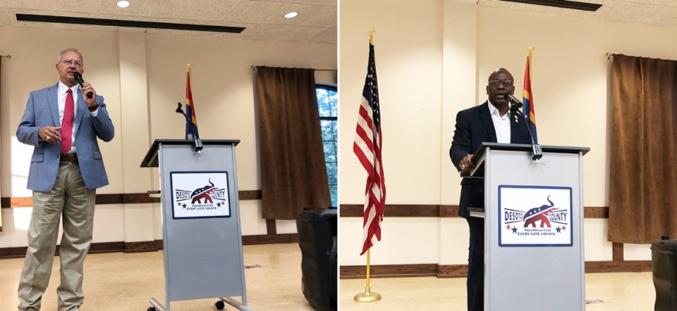 <strong>DeSoto County sheriff candidates Michael Lee (left) and Thomas Tuggle address the crowd at a DeSoto County Republican Club meeting Tuesday, July 26.</strong> (Beth Sullivan/The Daily Memphian)