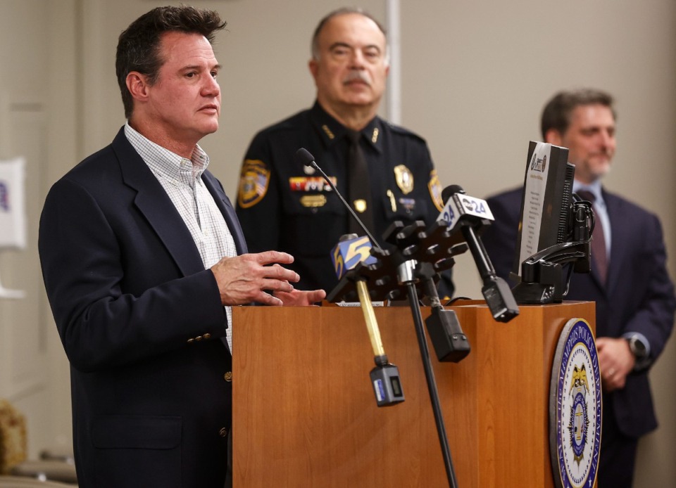 <strong>Chris Taylor (left) speaks during a Memphis Police Department event with the Memphis business community to discuss their partnership with Connect Memphis. Taylor is with Fusus, a public safety platform that gives law enforcement real-time access to video feeds from businesses.</strong> (Mark Weber/The Daily Memphian)