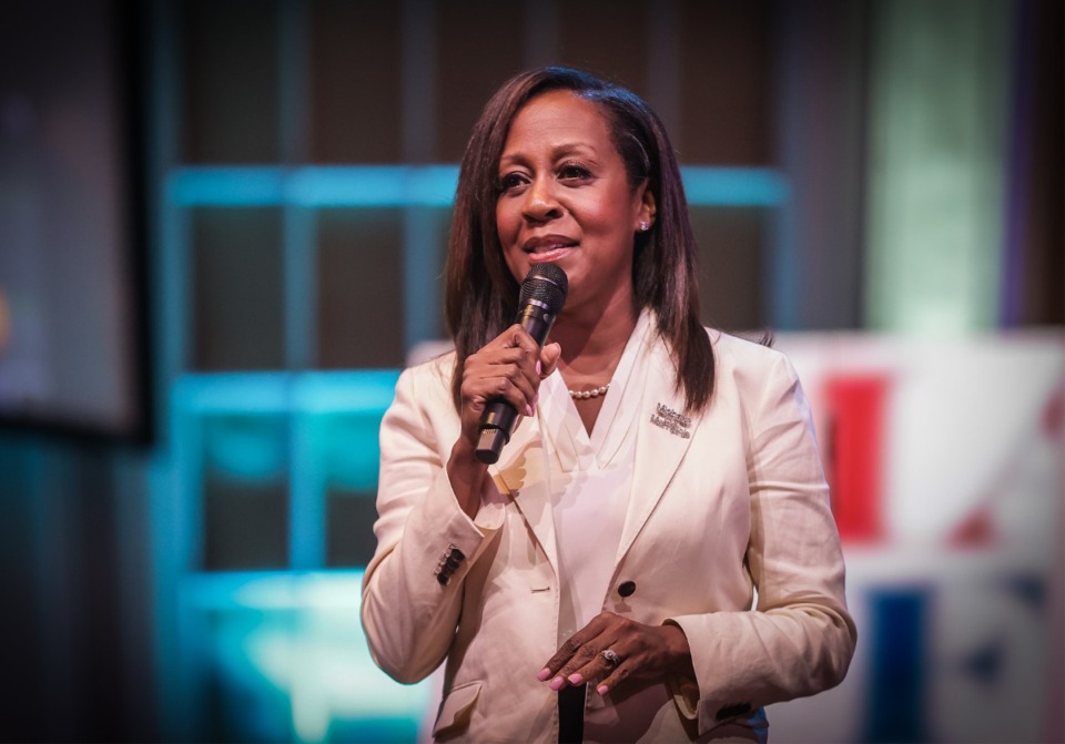 <strong>Memphis mayoral candidate Michelle McKissack speaks at a July 22, 2023 mayoral forum at Mississippi Boulevard Baptists Church.</strong> (Patrick Lantrip/The Daily Memphian)