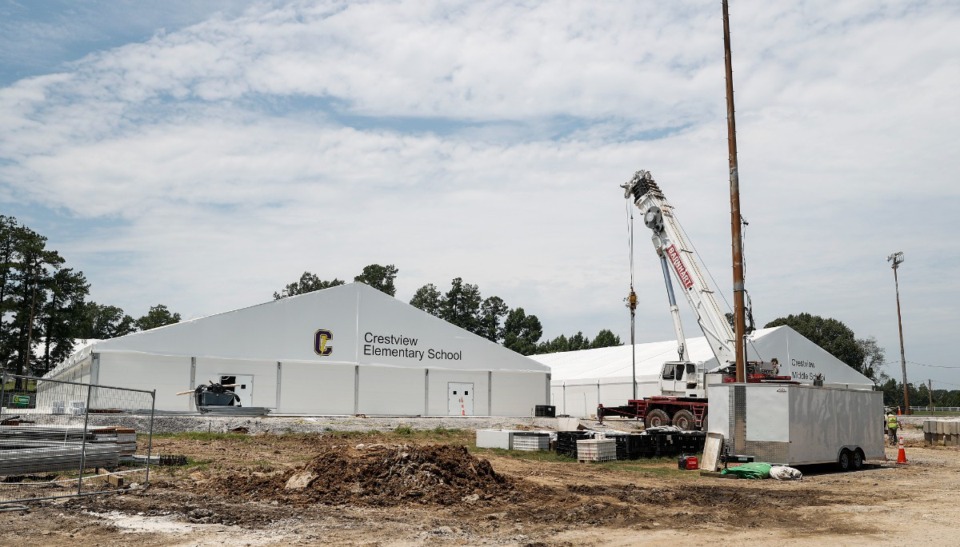 <strong>Crestview Middle School and Crestview Elementary, demolished in a tornado that mangled swaths of Covington on March 31, have been recreated in temporary buildings.</strong> (Mark Weber/The Daily Memphian)