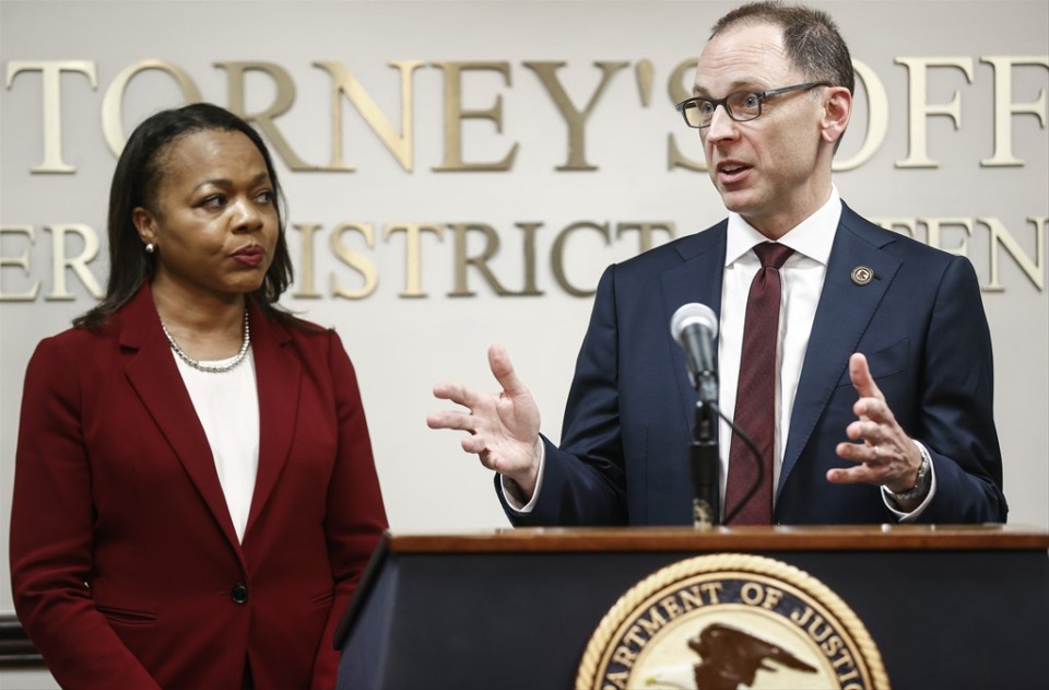 <strong>Assistant Attorney General Kristen Clarke (left) of the Civil Rights Division, and United States Attorney Kevin Ritz of the Western District of Tennessee announce the Department of Justice is opening an investigation into the City of Memphis and Memphis Police Department on Thursday, July 27.</strong> (Mark Weber/The Daily Memphian file)