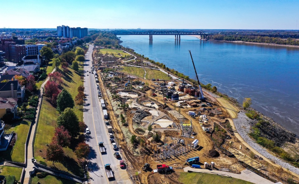 <strong>Construction on the Tom Lee Park renovations as seen on Nov. 2, 2022. The $62 million redesign will be fully complete and unveiled at a Sept. 2 formal opening.</strong> (Patrick Lantrip/The Daily Memphian file)