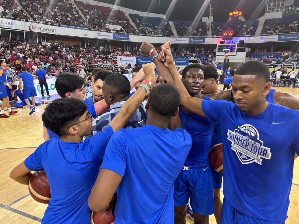 <strong>The Memphis Tigers rev themselves up for the exhibition game in the Dominican Republic on Wednesday, Aug. 2, 2023.</strong> (Parth Upadhyaya/The Daily Memphian)