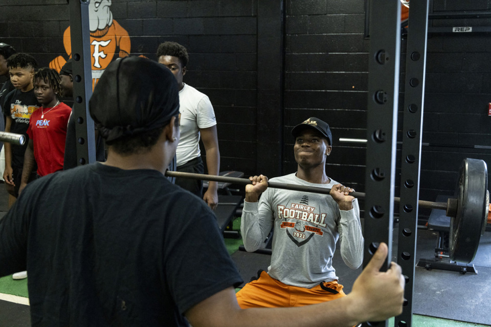 <strong>Jacquan Davis, a returning all-state defensive back, a Mr. Football finalist, and The Daily Memphian 2022 defensive player of the year, works out with other members of the Fairley High football team. After one of the most successful seasons in school history in 2022, a re-drawn region set-up has the Bulldogs eyeing a deep playoff run in 2023.</strong> (Brad Vest/Special to The Daily Memphian)