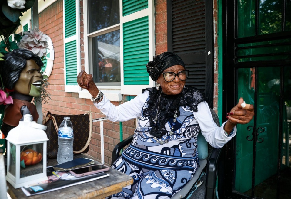 <strong>Annie Taylor, 94, sits on her front porch on Wednesday, Aug. 2, 2023.</strong> (Mark Weber/The Daily Memphian)
