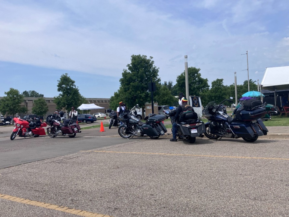 <strong>Motorcyclists gather on Tiger Lane for the 46th National Bikers Roundup roundup being held Aug. 1-6, 2023 at the Tiger Lane at Liberty Park.</strong> (Jada Ojii/The Daily Memphian)