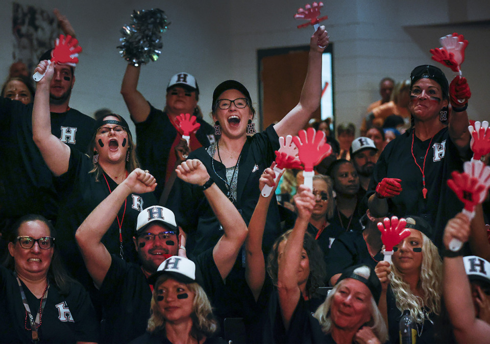 <strong>Germantown Municipal School District teachers cheer during a game show-style school kickoff event on Friday, Aug. 4. The theme of the celebration was &ldquo;GMSD in focus.&rdquo;</strong> (Mark Weber/The Daily Memphian)