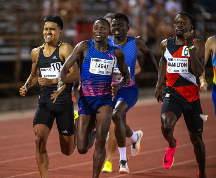 <strong>Festus Lagat from Kenya pulls ahaed in the men&rsquo;s professional 800-meter race to win with a time of 1:48:56 at the Ed Murphy Classic, Friday, Aug. 4, 2023, at Rhodes College.</strong> (Greg Campbell/Special to The Daily Memphian)