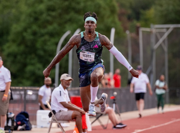 <strong>Donald Scott wins the triple jump with a distance of 16.94 meters at the Ed Murphy Classic on Friday, Aug. 4, 2023, at Rhodes College.</strong> (Greg Campbell/Special to The Daily Memphian)