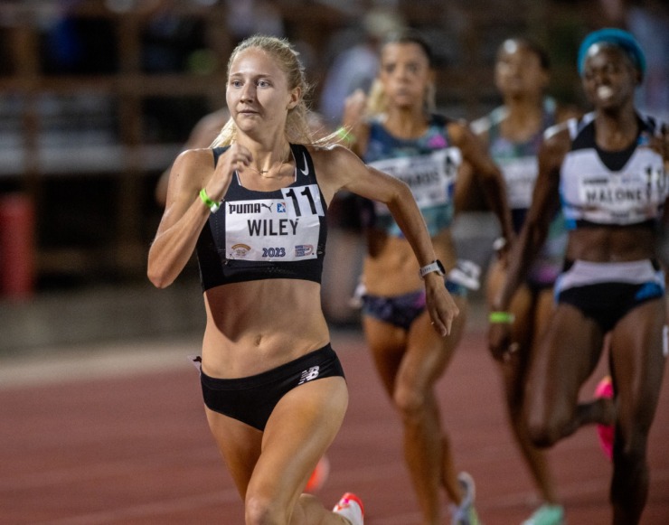 <strong>Addy Wiley of the U.S. easily finishes first in the women's 800-meter professional race with a time of 1:59 at the Ed Murphy Classic on Friday, Aug. 4, 2023, at Rhodes College.</strong> (Greg Campbell/Special to The Daily Memphian)