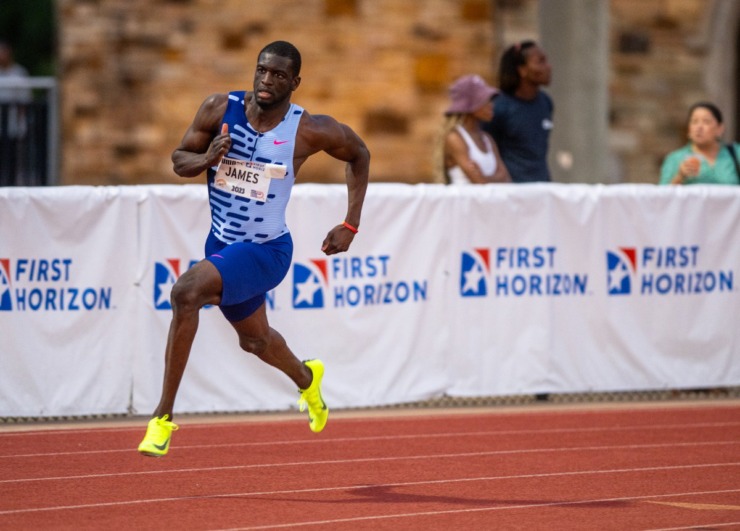 <strong>Karini James from Germany comes in second in the men's 400-meter dash at the Ed Murphy Classic on Firday, Aug. 4, 2023, at Rhodes College.</strong> (Greg Campbell/Special to The Daily Memphian)