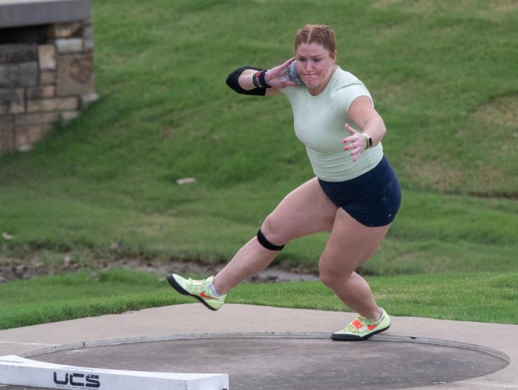 <strong>Sarah Mitton of Canada finishes second in the women's pro shot put with a distance of 19.02 meters at the Ed Murphy Classic on Firday, Aug. 4, 2023, at Rhodes College.</strong> (Greg Campbell/Special to The Daily Memphian)