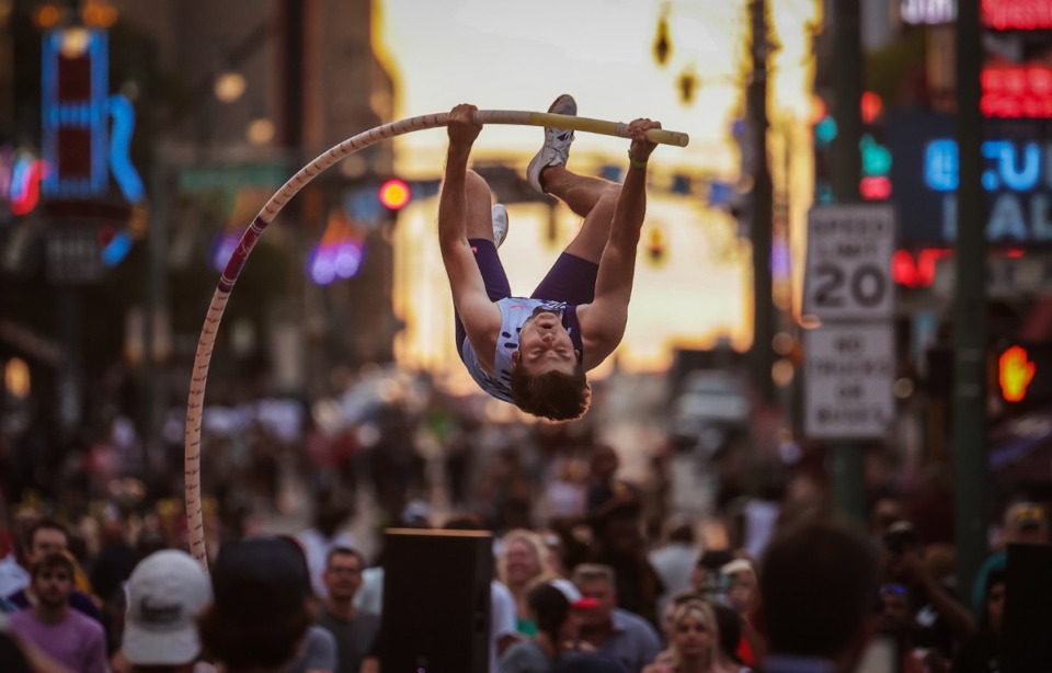 <strong>Jacob Wooten competes in the Ed Murphey Classic pole vaulting event on Beale Street Aug. 5, 2023.</strong>&nbsp;<strong>Wooten placed fourth, clearing 18-1.25.</strong> (Patrick Lantrip/The Daily Memphian)