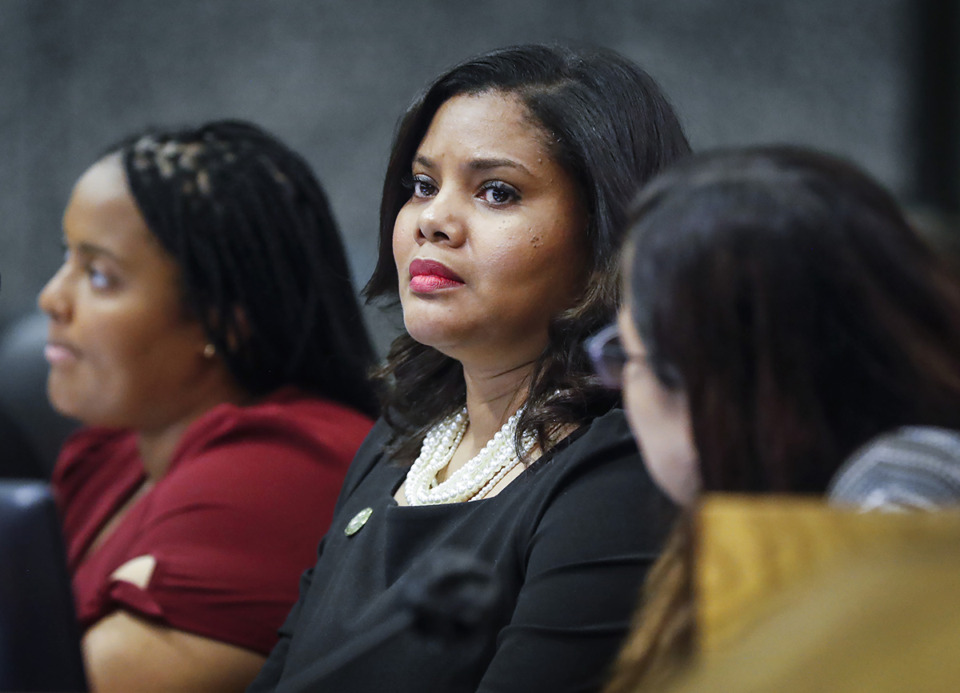 <strong>Shelby County Commissioner Miska Clay Bibbs (middle) was one vote short of the seven needed to become the new chairwoman through nine rounds of voting at the July 17 meeting.</strong> (Mark Weber/The Daily Memphian file)