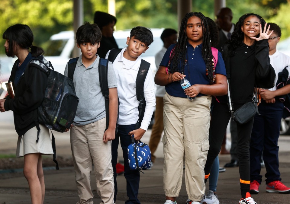 <strong>Students wait to enter the building on the first day school at Cordova Middle on Monday, Aug. 7, 2023.</strong> (Mark Weber/The Daily Memphian)
