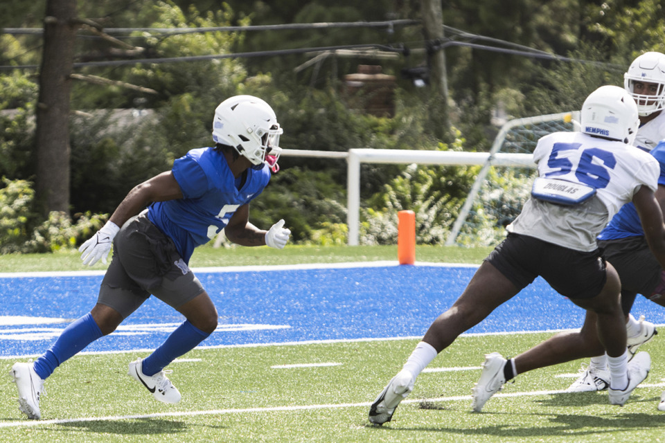 <strong>&ldquo;The Liberty Bowl was crazy &hellip; It was an intense game, and I felt like it was the game that told me I was gonna be in Memphis,&rdquo; Simeon Blair (5) said. He is seen during the Memphis Tigers football practice on Monday, Aug. 7, 2023.</strong> (Brad Vest/Special The Daily Memphian)