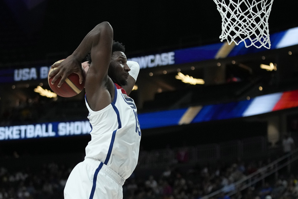 <strong>United States' Jaren Jackson Jr. dunks against Puerto Rico during the first half of an exhibition basketball game Monday, Aug. 7, 2023, in Las Vegas.</strong> (John Locher/AP Photo)