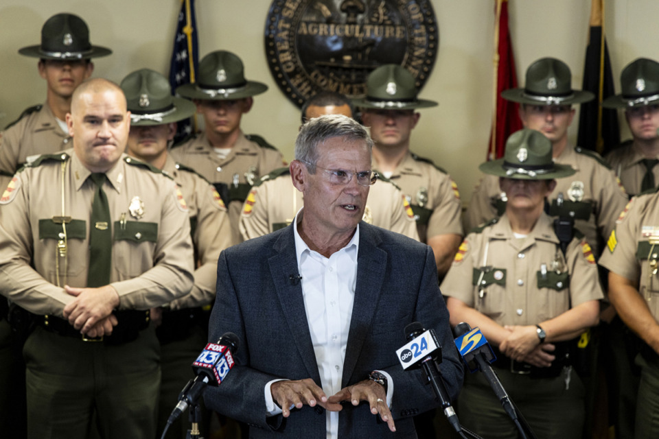 <strong>Tennessee Gov. Bill Lee speaks with local media during a visit to the Tennessee Highway Patrol district headquarters.</strong>&nbsp;(Brad Vest/Special to The Daily Memphian)