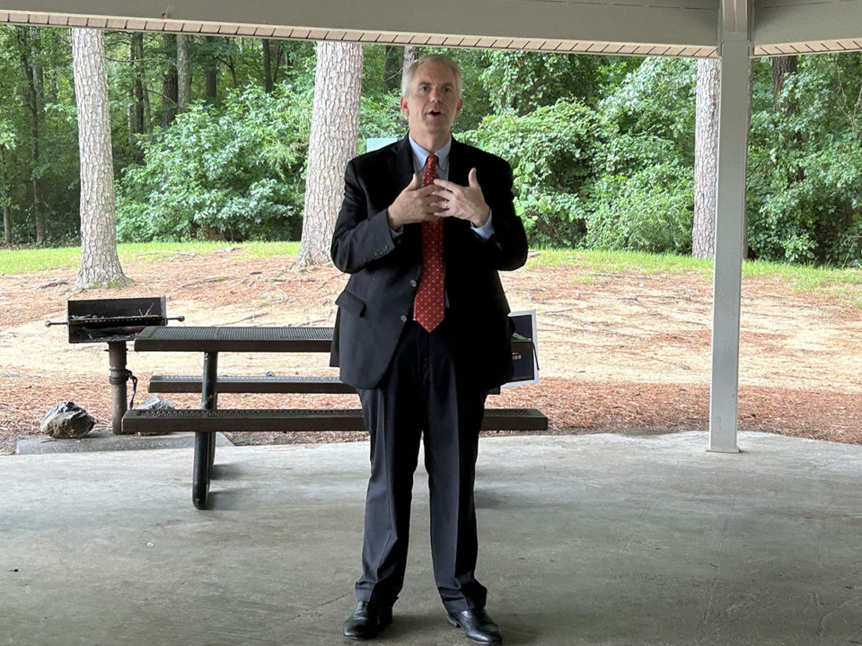 <strong>Democratic gubernatorial nominee Brandon Presley hosted a general election kickoff event Wednesday, Aug. 9, at Olive Branch City Park.</strong> (Beth Sullivan/The Daily Memphian)