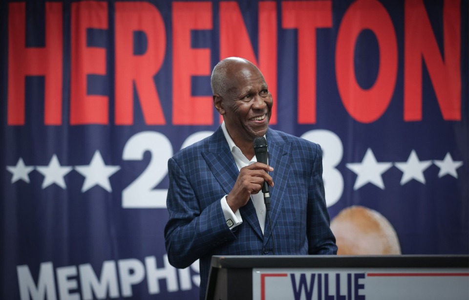<strong>Willie Herenton jokes with the crowd at the opening of his campaign headquarters in the Southgate Shopping Center July 15, 2023.</strong> (Patrick Lantrip/The Daily Memphian file)