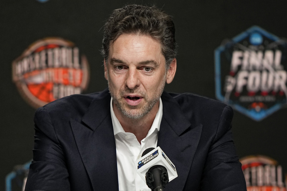 <strong>Pau Gasol speaks during a news conference for the The Naismith Basketball Hall of Fame at the NCAA college basketball Tournament on Saturday, April 1, 2023, in Houston.</strong> (David J. Phillip/AP file)