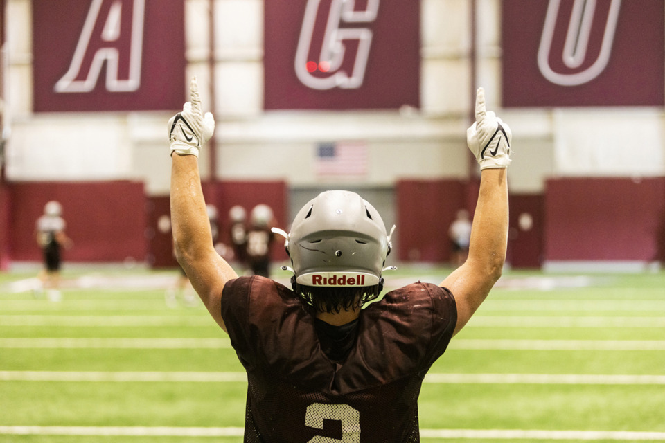<strong>A team member celebrates a touchdown during Collierville High School football practice.</strong> (Brad Vest/Special to The Daily Memphian)