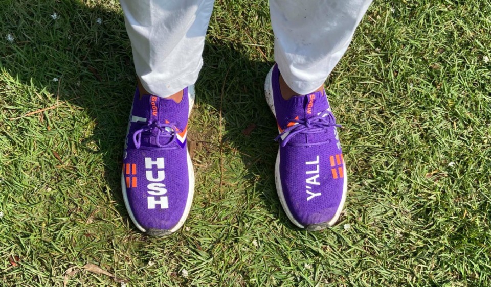<strong>Edward Bogard wears a pair of custom shoes at the FedEx St. Jude Championship at TPC Southwind Aug. 11, 2023.</strong> (Tim Buckley/The Daily Memphian)