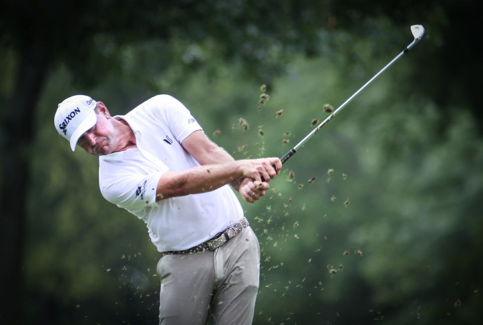 <strong>Lucas Glover hits from the 9th fairway during the second day of the FedEx St. Jude Championship at TPC Southwind Aug. 11, 2023.</strong> (Patrick Lantrip/The Daily Memphian)