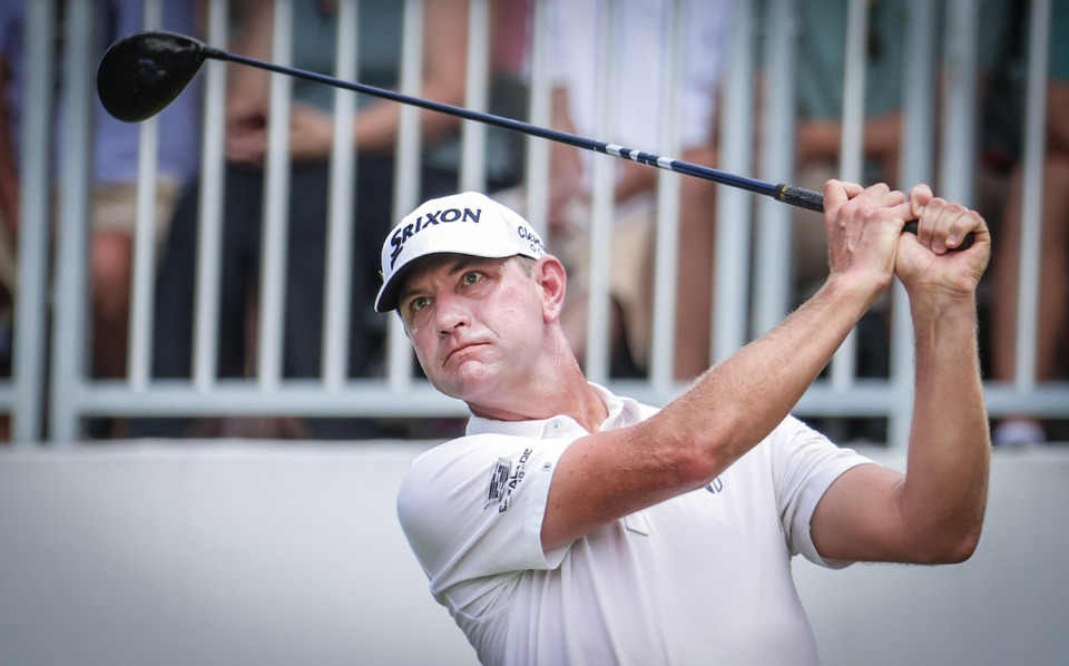 <strong>Lucas Glover tees off during the third day of the FedEx St. Jude Championship at TPC Southwind Aug. 12, 2023.</strong> (Patrick Lantrip/The Daily Memphian)