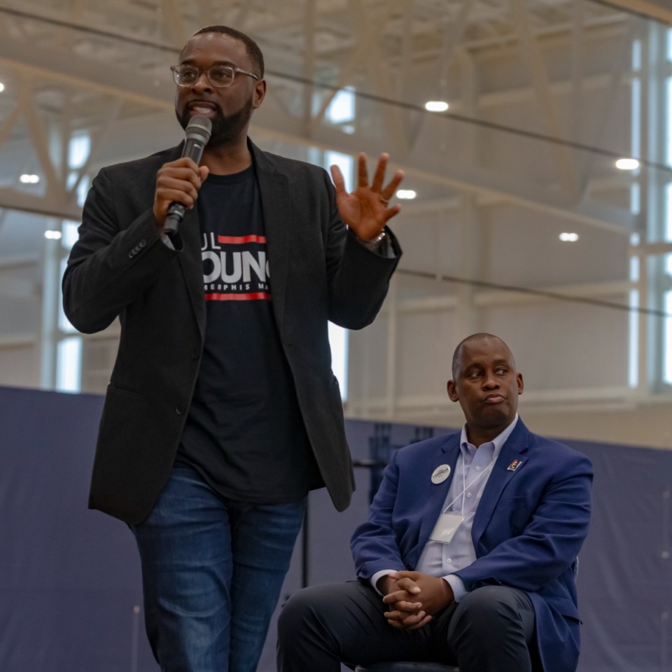<strong>Candidates for mayor of Memphis Paul Young (standing) and Van Turner spoke during the third and final day of the People&rsquo;s Convention at Liberty Park on Saturday, Aug. 12, 2023.</strong> (Ziggy Mack/Special to The Daily Memphian)
