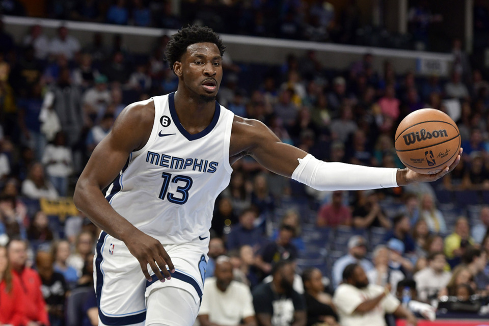 <strong>Memphis Grizzlies forward Jaren Jackson Jr. scored 14 points, 5 rebounds and 3 blocks in a USA Basketball win over Spain 98-88. Here he handles the ball in the first half of a game against the Portland Trail Blazers April 4, 2023, in Memphis.</strong> (Brandon Dill/AP Photo file)