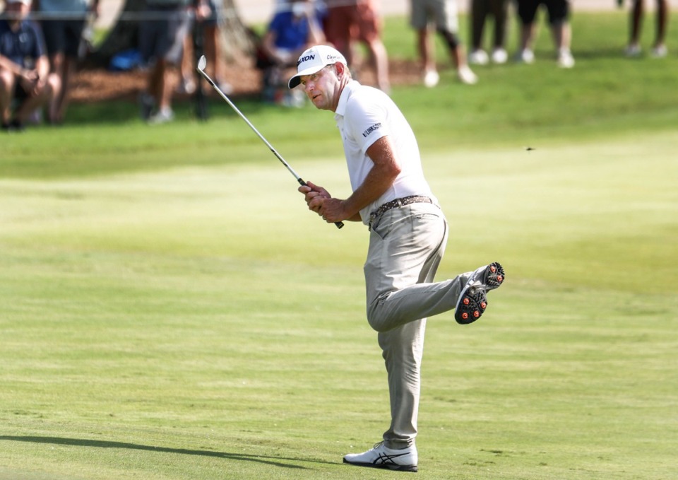 <strong>PGA golfer Lucas Glover reacts a after missing a birdie chip during the final round of the FedEx St. Jude Championship on Sunday, Aug. 13, 2023.</strong> (Mark Weber/The Daily Memphian)