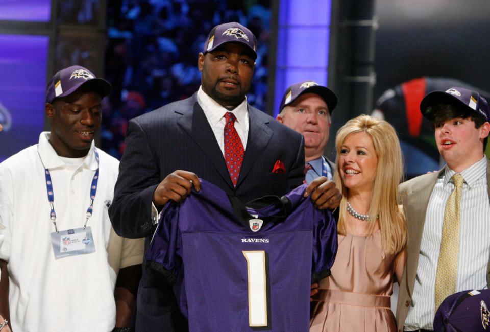 <strong>Michael Oher, a tackle from Mississippi, is selected as the No. 26th overall pick by the Baltimore Ravens during the first round of the NFL football draft at Radio City Music Hall April 25, 2009, in New York.</strong> (Jason DeCrow/AP Photo file)