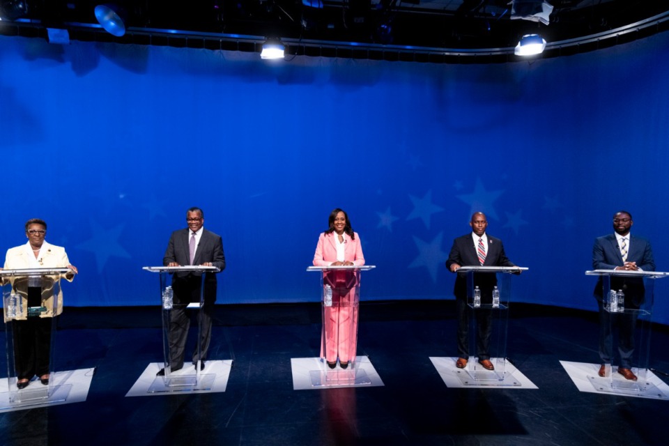 <strong>Participating in the debate are (from left) Karen Camper, J.W. Gibson, Michelle McKissack, Van Turner and Paul Young.</strong> (Brad Vest/Special to The Daily Memphian)