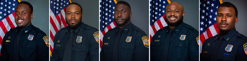 <strong>(From left) Tadarrius Bean, Demetrius Haley, Emmitt Martin III, Desmond Mills Jr. and Justin Smith are charged with second-degree murder and other charges in relation to Nichols&rsquo; death.</strong> (Courtesy MPD)