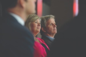 <strong>Jennifer Biggs, center left, and Geoff Calkins, center right, attend the press conference announcing The Daily Memphian on July 16, 2018, at FedExForum.</strong> (The Daily Memphian files)