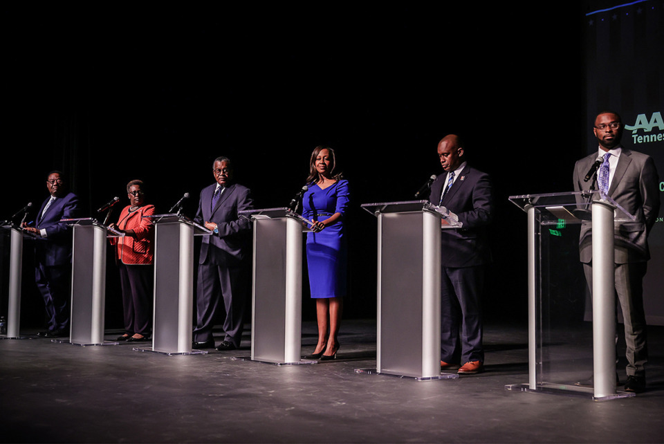 <strong>From left to right: Floyd Bonner, Karen Camper, J.W. Gibson, Michelle McKissack, Van Turner and Paul Young take the stage at the Halloran Centre for a Memphis mayoral debate Aug. 17.</strong> (Patrick Lantrip/The Daily Memphian)