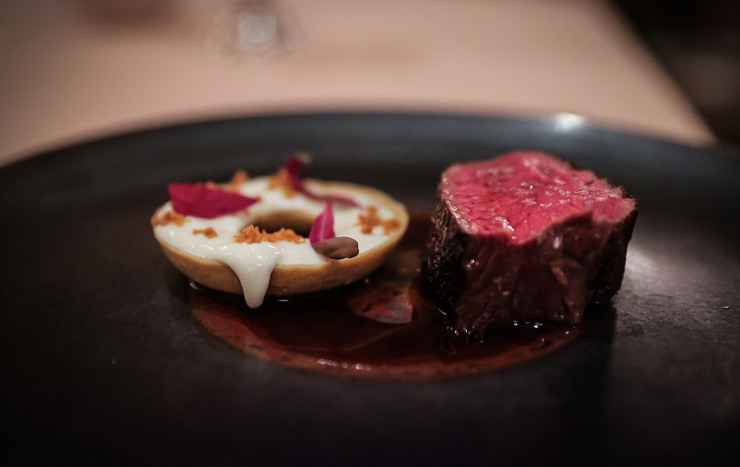 <strong>The fifth course of Chez Phillippe's seven-course meal consists of beef tenderloin, blue-cheese espuma, almond tuille and buttermilk crumb.&nbsp;</strong>(Patrick Lantrip/The Daily Memphian)