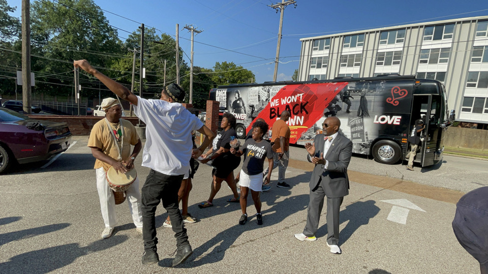<strong>State Rep. G.A. Hardaway (D-Memphis) joins local advocates dancing and chanting &ldquo;Get on the bus!&rdquo; and &ldquo;Freedom riders!" before they stepped on a bus Monday, Aug. 21, headed from Memphis to Nashville on the first day of the special session. The special session was called by Tennessee Gov. Bill Lee in response to calls for gun safety legislation after a shooting at The Covenant School in Nashville resulted in the deaths of three children and three adults.</strong> (Julia Baker/The Daily Memphian)