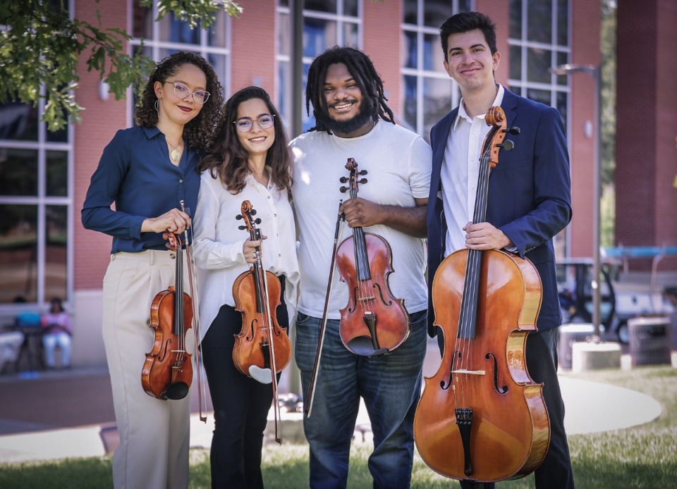 <strong>2023 Memphis Symphony Orchestra fellows (from left) Rebeca Todd, Janaina Fernandes, Matthew Finley and Lichi Acosta at the University of Memphis Aug. 18, 2023.</strong> (Patrick Lantrip/The Daily Memphian)